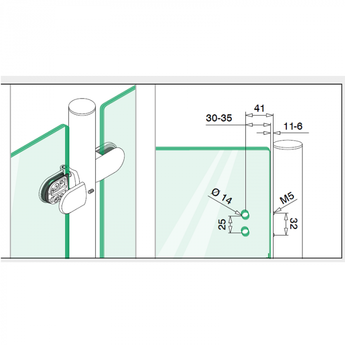 Deurscharnier vlak/glas voor glasdikte 6 - 12,76 mm model 0281 RVS-316 main product photo