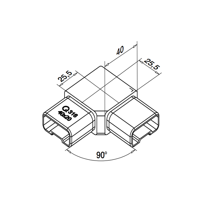 Hoekverbinder voor koker 40 x 20 x 2,0 mm vast RVS-316 mat geslepen model 4301 main product photo